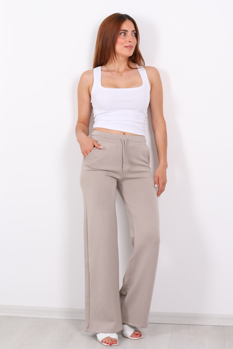 Beli Lastikli Bol Paça Modal Bej Kadın Pantolon - 1