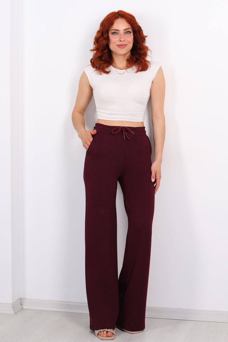 Beli Lastikli Bol Paça Modal Bordo Kadın Pantolon - 6