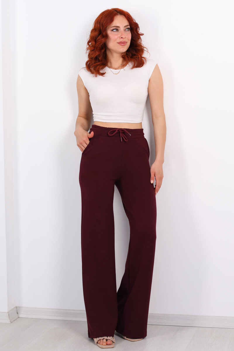 Beli Lastikli Bol Paça Modal Bordo Kadın Pantolon - 1