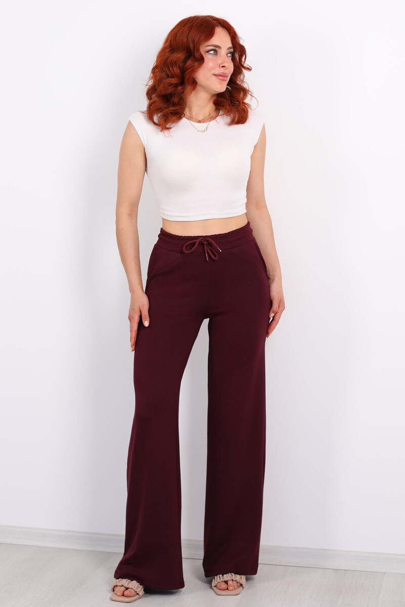 Beli Lastikli Bol Paça Modal Bordo Kadın Pantolon - 4
