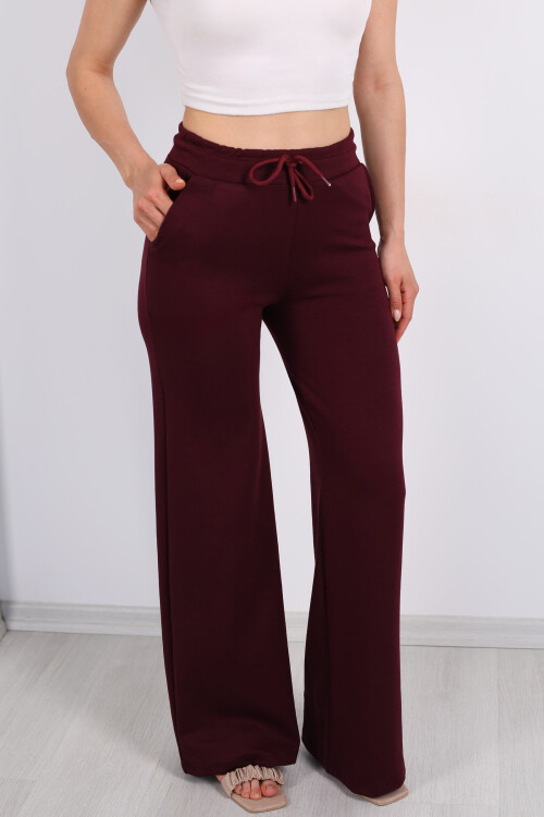 Beli Lastikli Bol Paça Modal Bordo Kadın Pantolon - 2