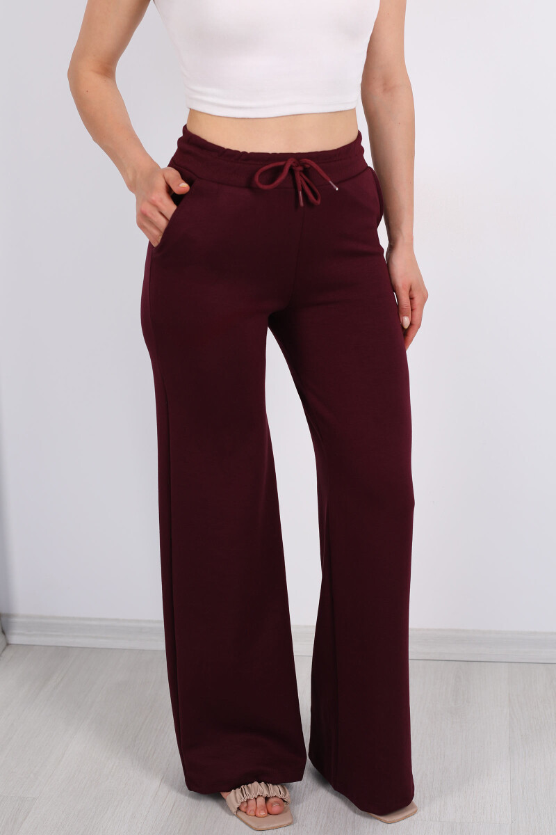 Beli Lastikli Bol Paça Modal Bordo Kadın Pantolon - 2