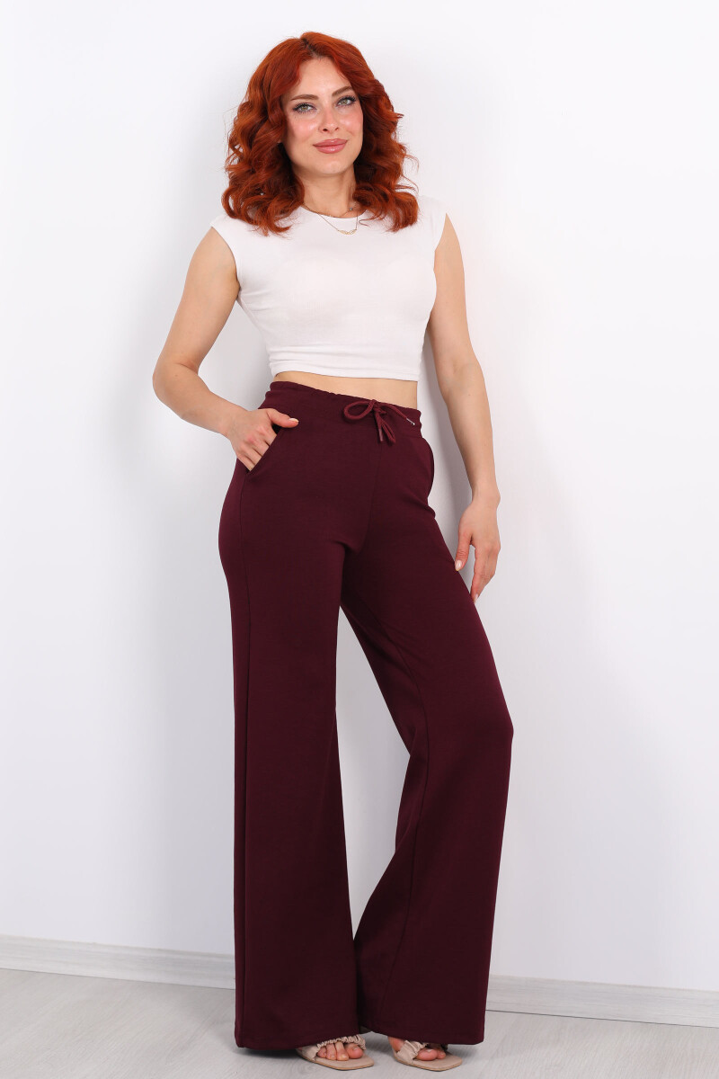 Beli Lastikli Bol Paça Modal Bordo Kadın Pantolon - 3