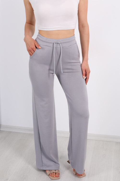Beli Lastikli Bol Paça Modal Gri Kadın Pantolon - 2