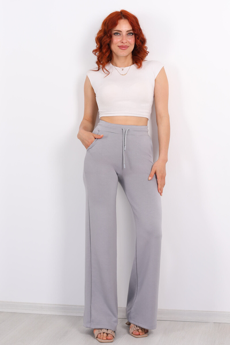 Beli Lastikli Bol Paça Modal Gri Kadın Pantolon - 4
