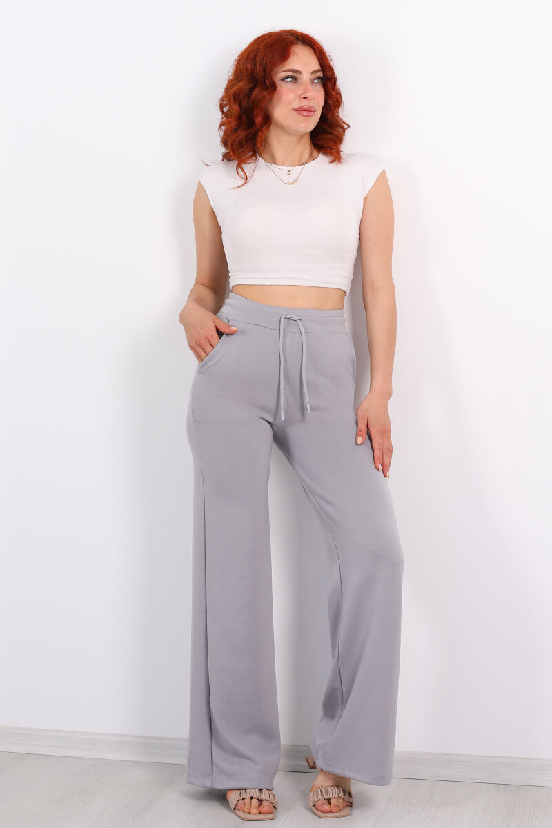 Beli Lastikli Bol Paça Modal Gri Kadın Pantolon - 1