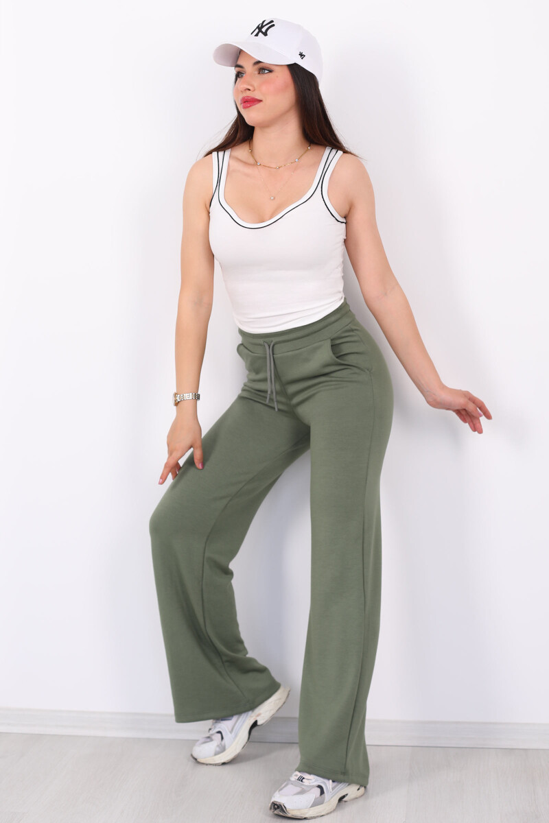 Beli Lastikli Bol Paça Modal Haki Kadın Pantolon - 4