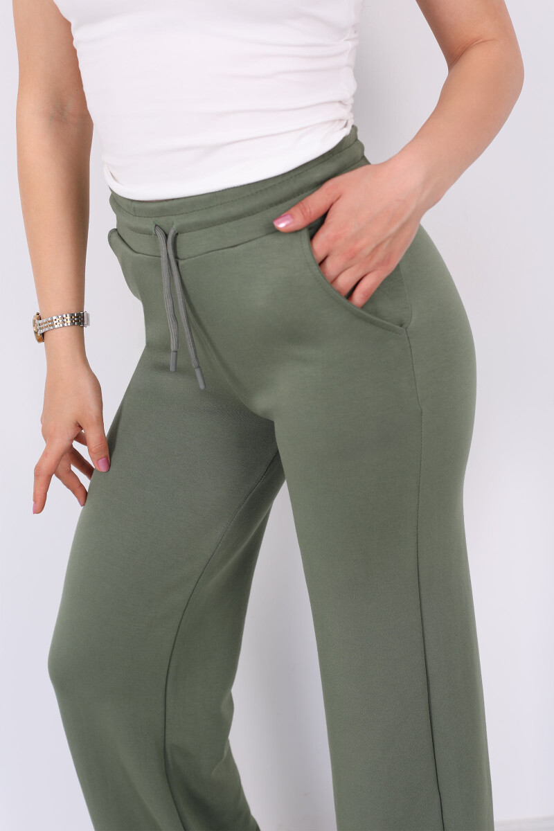 Beli Lastikli Bol Paça Modal Haki Kadın Pantolon - 2