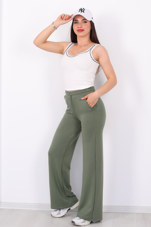 Beli Lastikli Bol Paça Modal Haki Kadın Pantolon - 3