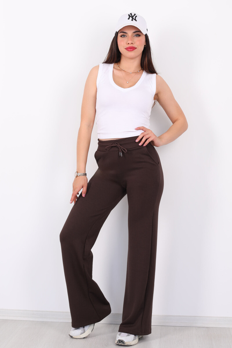 Beli Lastikli Bol Paça Modal Kahverengi Kadın Pantolon - 1