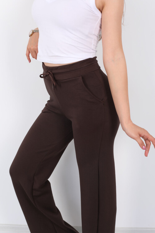Beli Lastikli Bol Paça Modal Kahverengi Kadın Pantolon - 2
