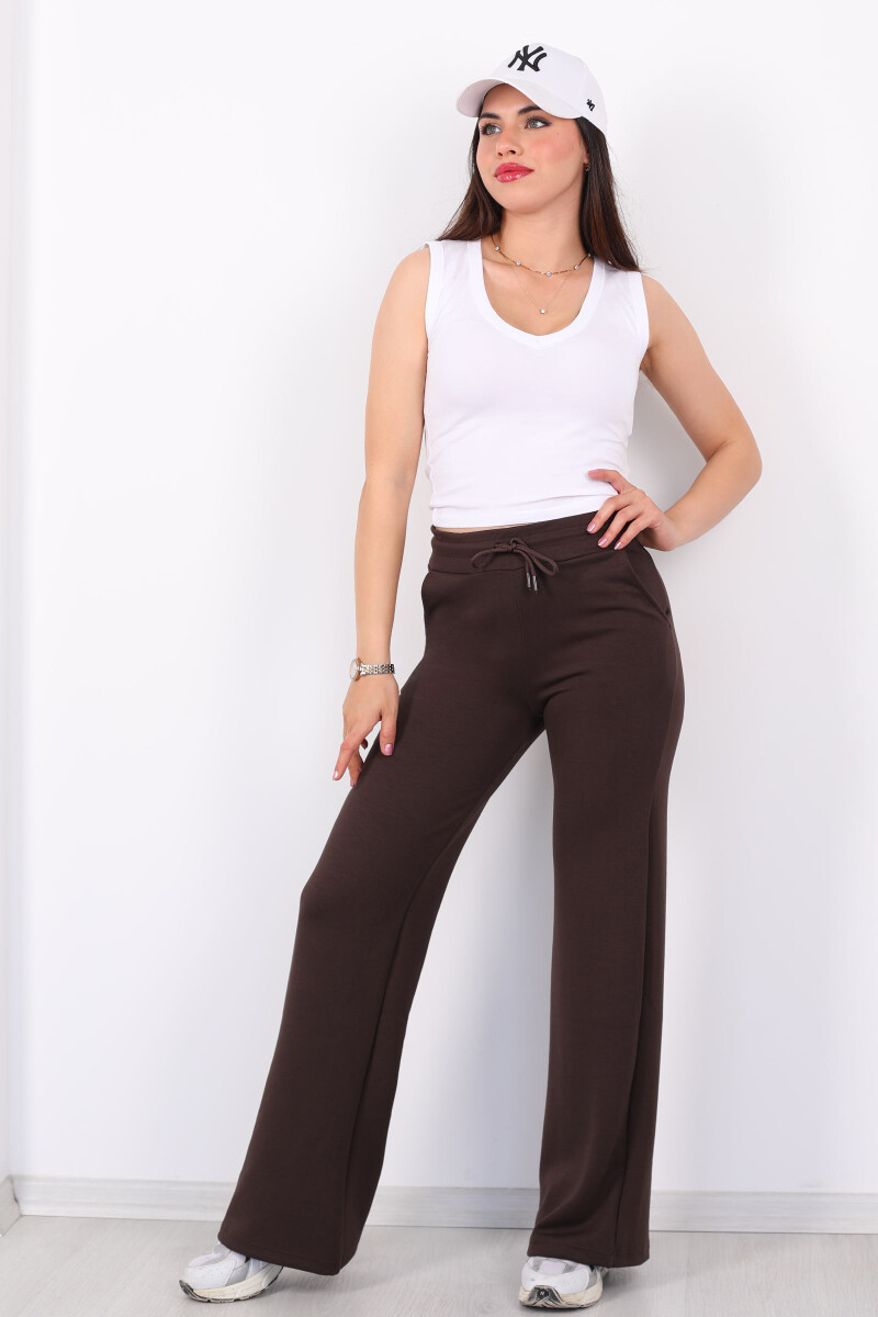 Beli Lastikli Bol Paça Modal Kahverengi Kadın Pantolon - 4