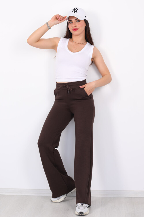 Beli Lastikli Bol Paça Modal Kahverengi Kadın Pantolon - 3