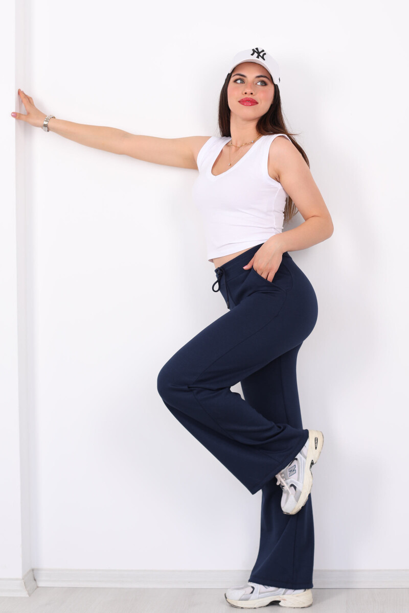 Beli Lastikli Bol Paça Modal Lacivert Kadın Pantolon - 3