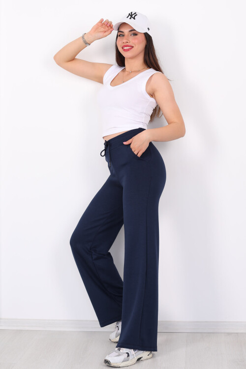 Beli Lastikli Bol Paça Modal Lacivert Kadın Pantolon - 4