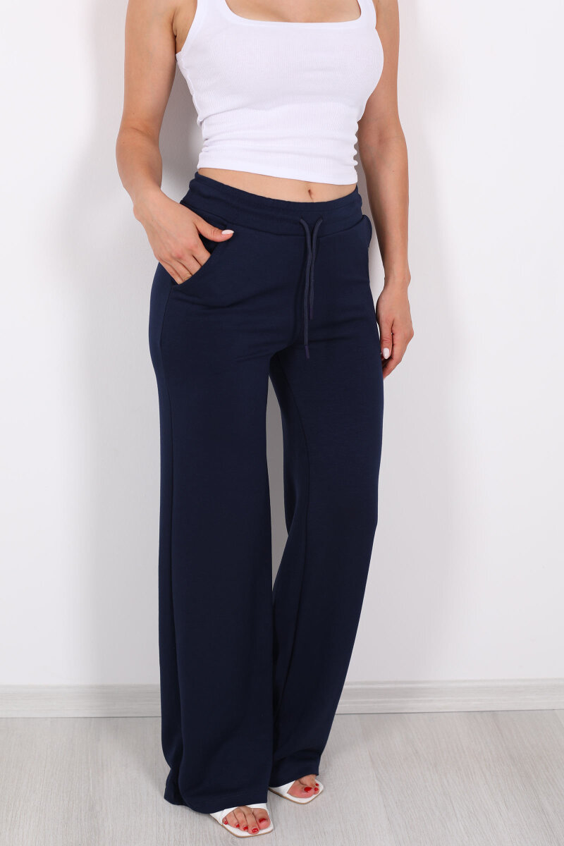 Beli Lastikli Bol Paça Modal Lacivert Kadın Pantolon - 2