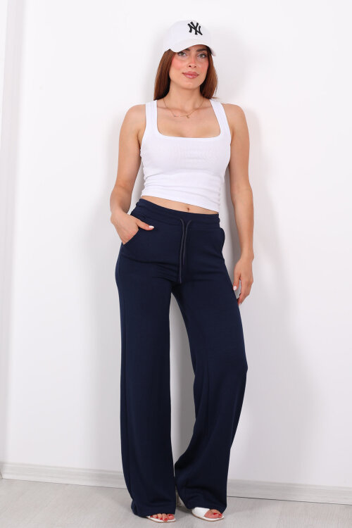 Beli Lastikli Bol Paça Modal Lacivert Kadın Pantolon - 5