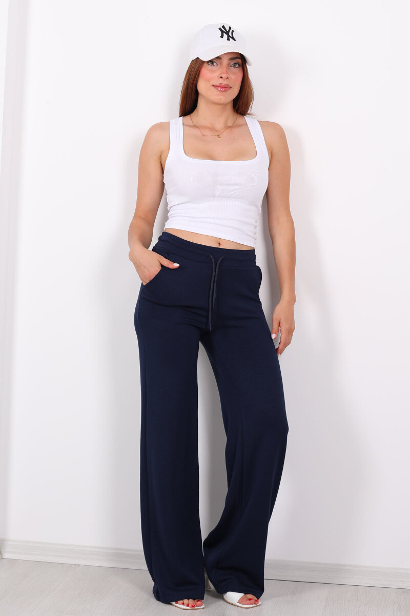 Beli Lastikli Bol Paça Modal Lacivert Kadın Pantolon - 5