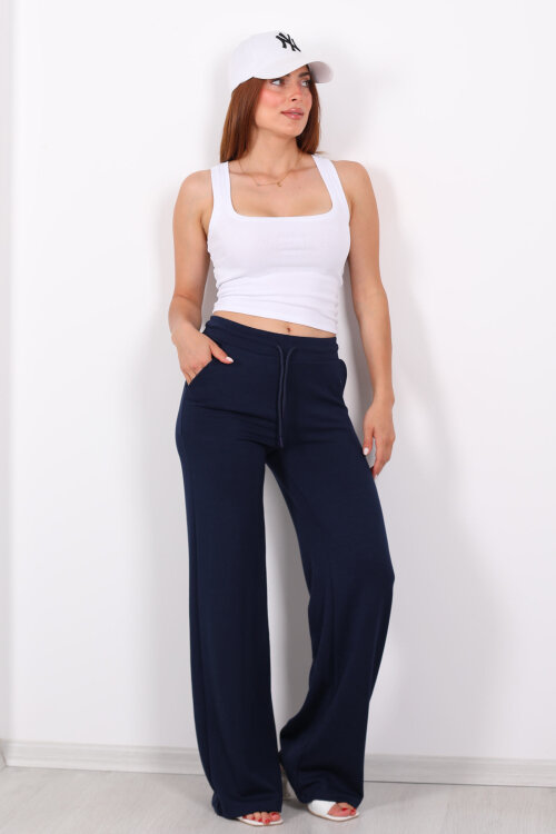 Beli Lastikli Bol Paça Modal Lacivert Kadın Pantolon - 3