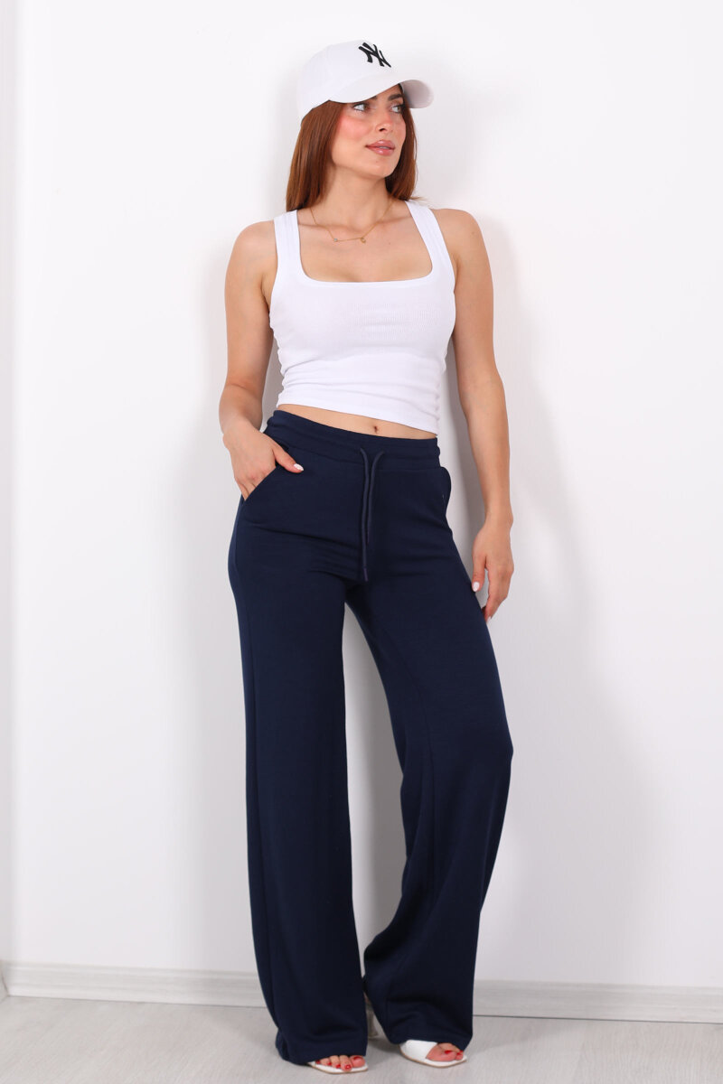 Beli Lastikli Bol Paça Modal Lacivert Kadın Pantolon - 3