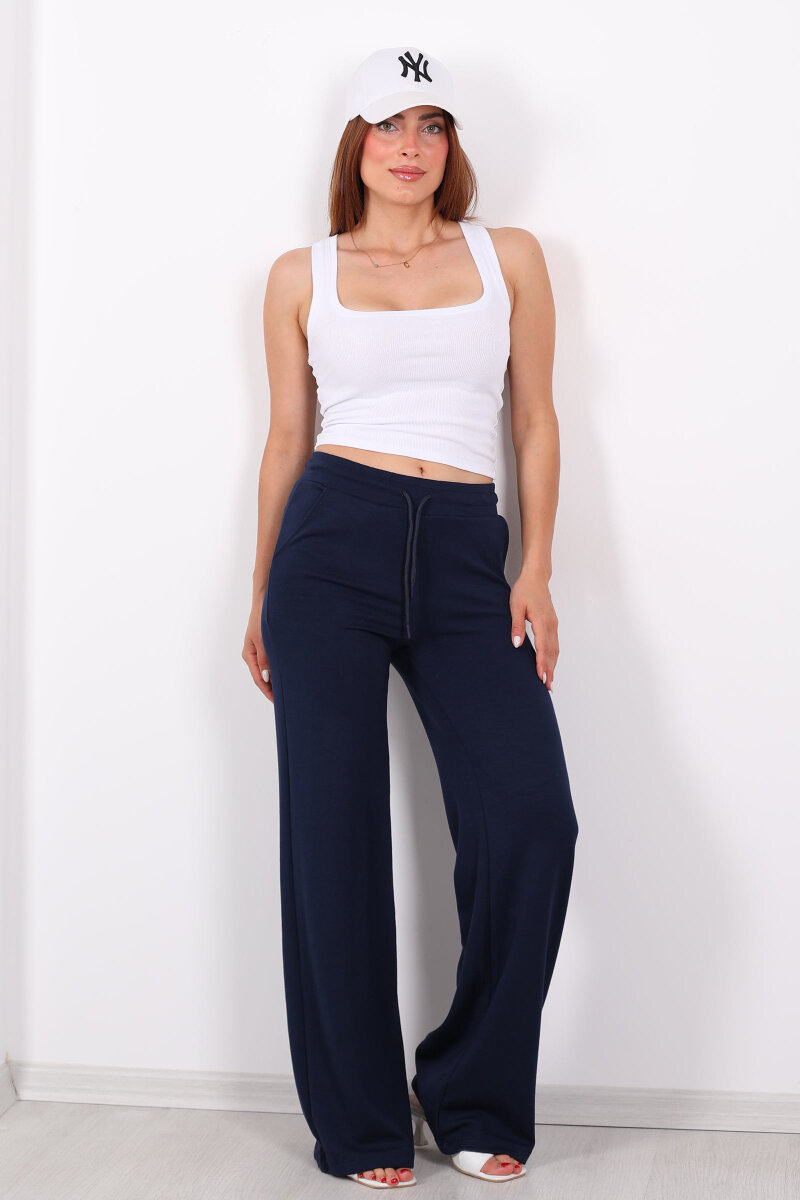 Beli Lastikli Bol Paça Modal Lacivert Kadın Pantolon - 1
