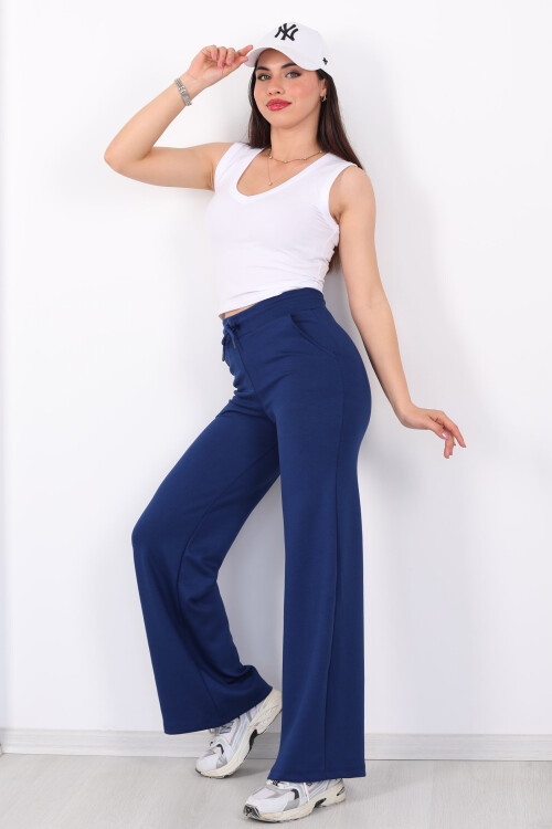 Beli Lastikli Bol Paça Modal Mavi Kadın Pantolon - 4
