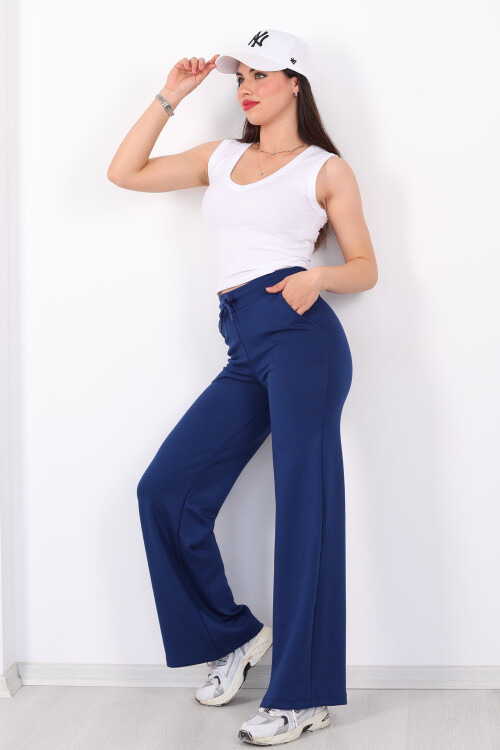 Beli Lastikli Bol Paça Modal Mavi Kadın Pantolon - 1