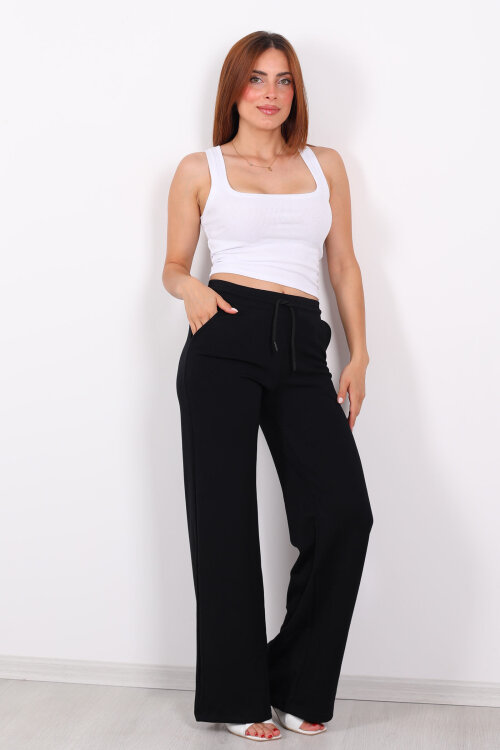 Beli Lastikli Bol Paça Modal Siyah Kadın Pantolon - 3