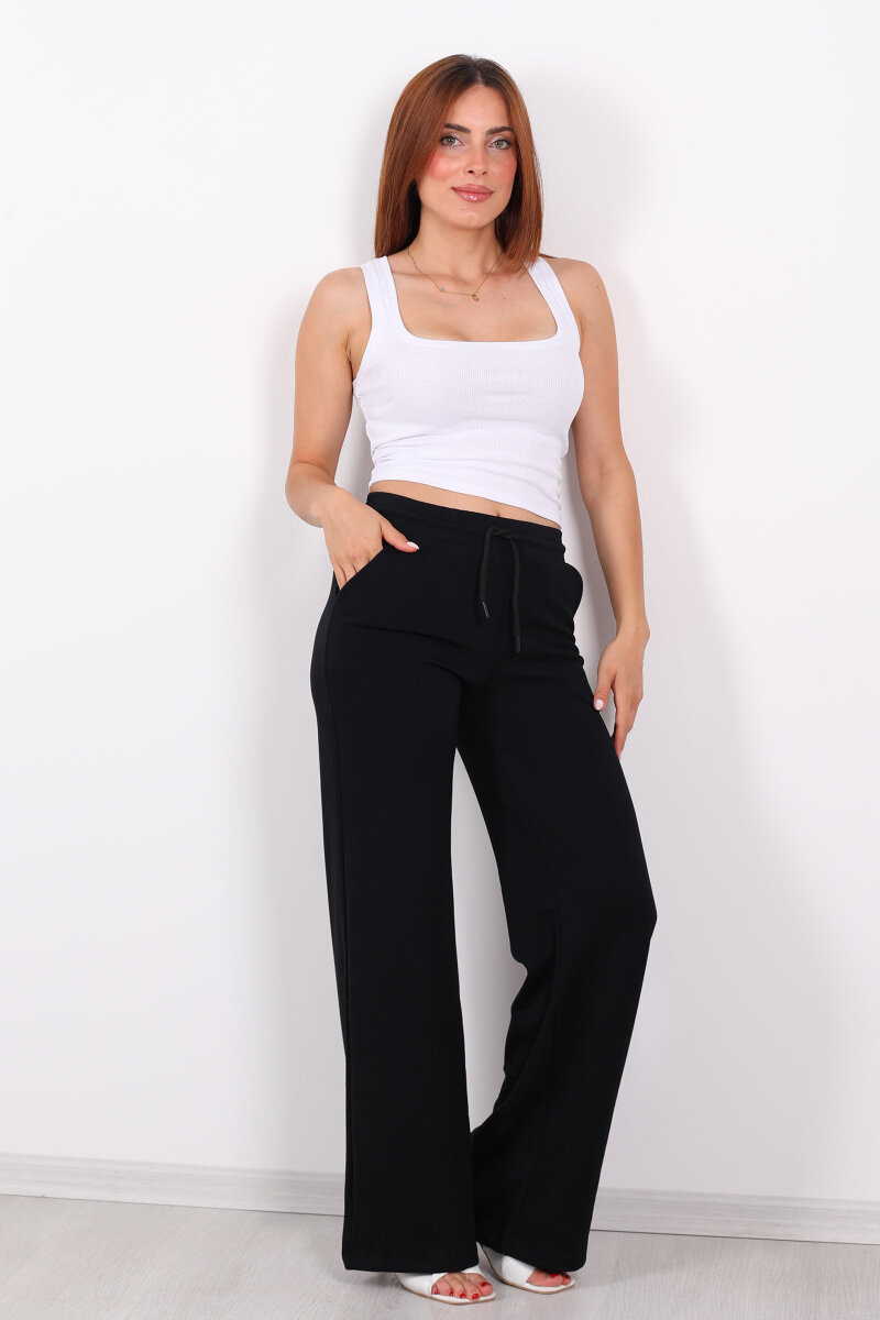 Beli Lastikli Bol Paça Modal Siyah Kadın Pantolon - 3
