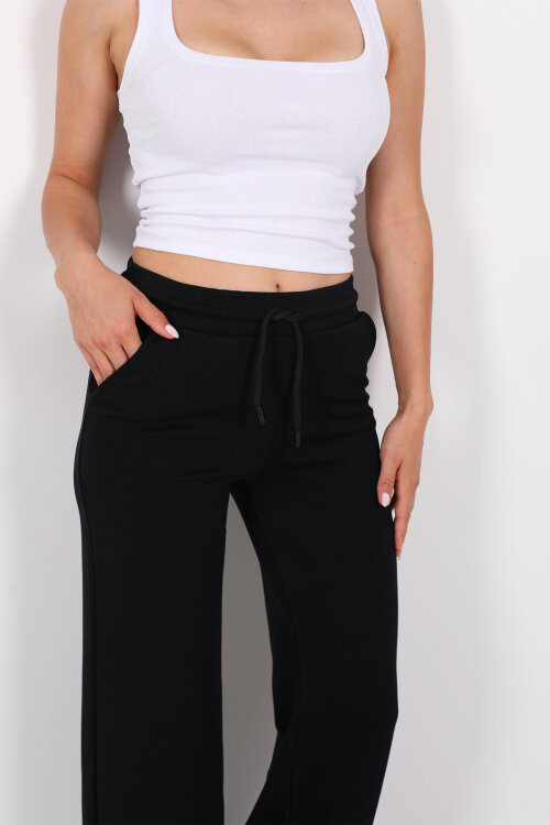 Beli Lastikli Bol Paça Modal Siyah Kadın Pantolon - 2