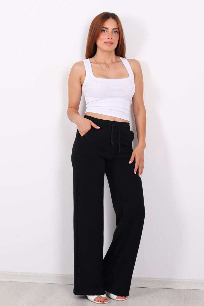 Beli Lastikli Bol Paça Modal Siyah Kadın Pantolon - 5