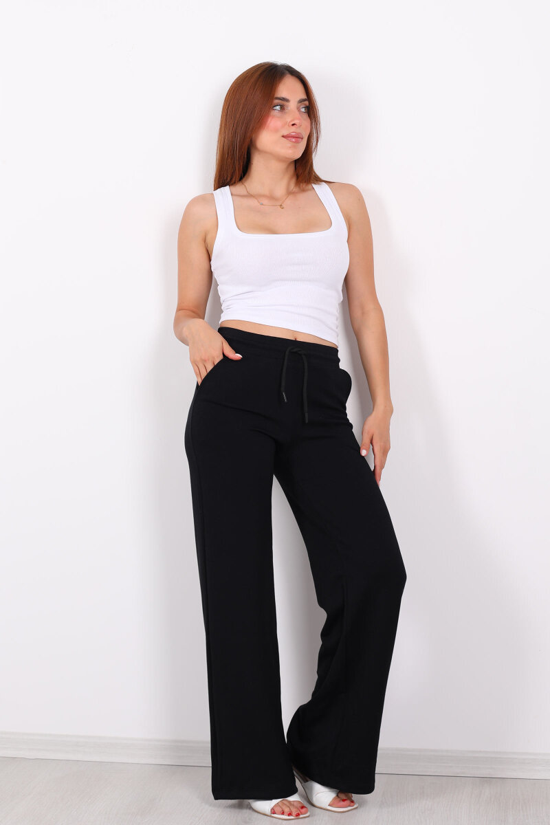 Beli Lastikli Bol Paça Modal Siyah Kadın Pantolon - 1