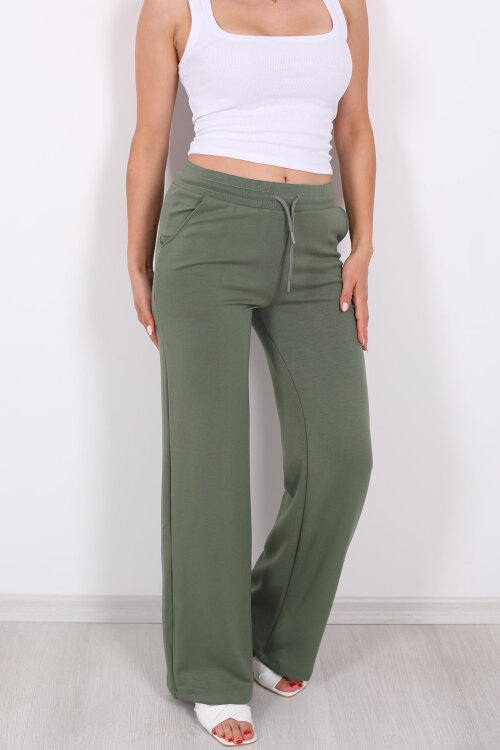 Beli Lastikli Bol Paça Modal Yeşil Kadın Pantolon - 2