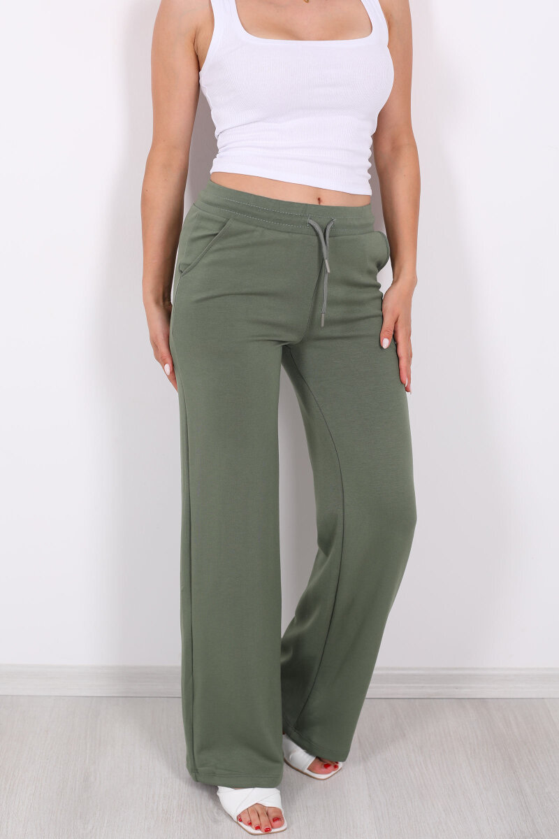 Beli Lastikli Bol Paça Modal Yeşil Kadın Pantolon - 2