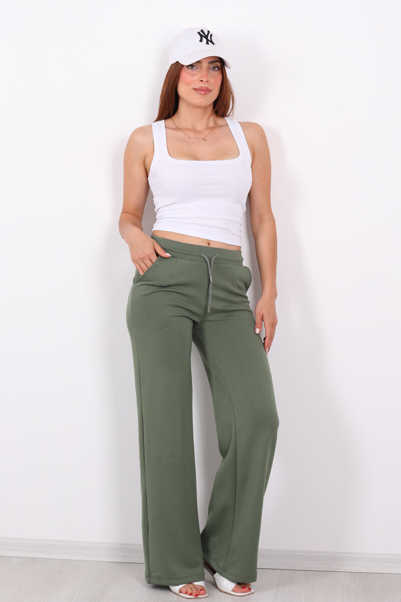 Beli Lastikli Bol Paça Modal Yeşil Kadın Pantolon - 3