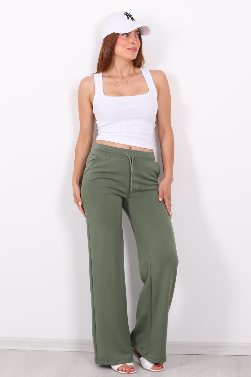 Beli Lastikli Bol Paça Modal Yeşil Kadın Pantolon - 5
