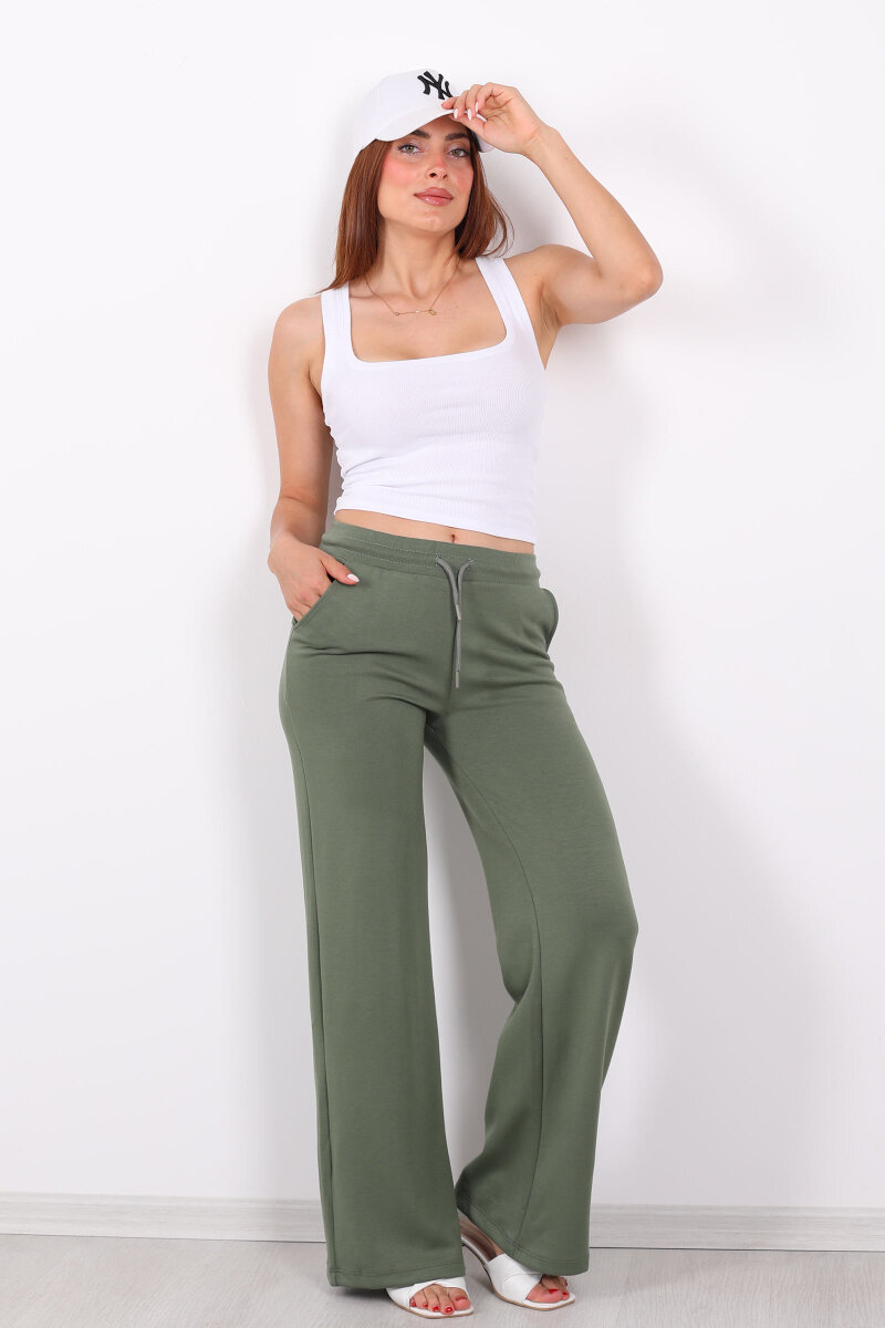 Beli Lastikli Bol Paça Modal Yeşil Kadın Pantolon - 1