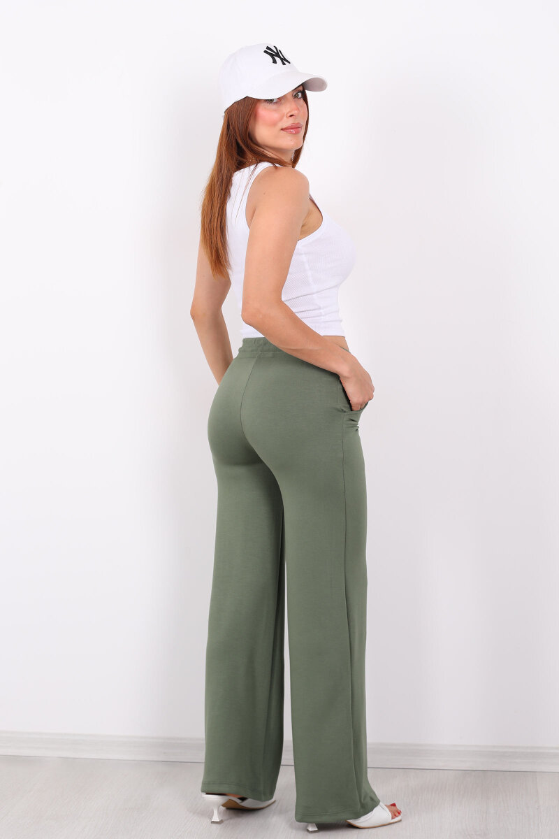 Beli Lastikli Bol Paça Modal Yeşil Kadın Pantolon - 4