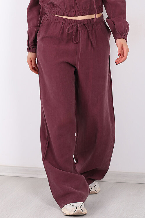 Beli Lastikli Bol Paça Mürdüm Kadın Tencel Pantolon - Berox (1)