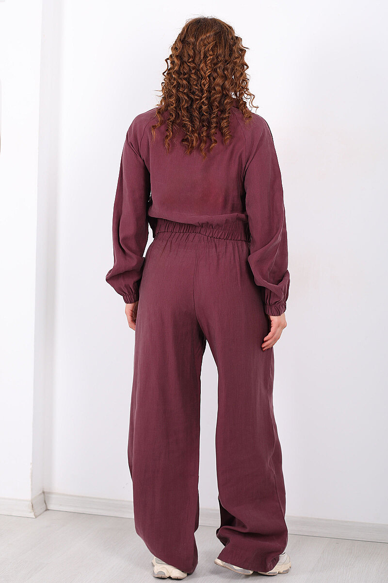 Beli Lastikli Bol Paça Mürdüm Kadın Tencel Pantolon - 4