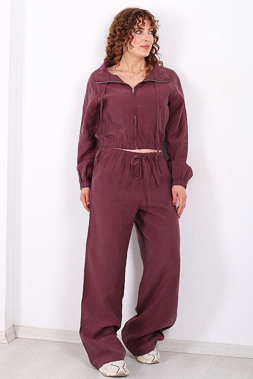 Beli Lastikli Bol Paça Mürdüm Kadın Tencel Pantolon - 3