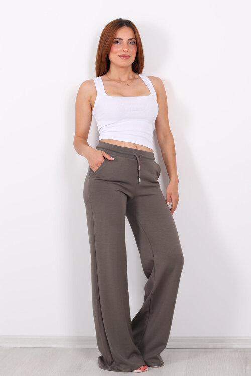 Beli Lastikli Bol Paça Modal Vizon Kadın Pantolon - 3