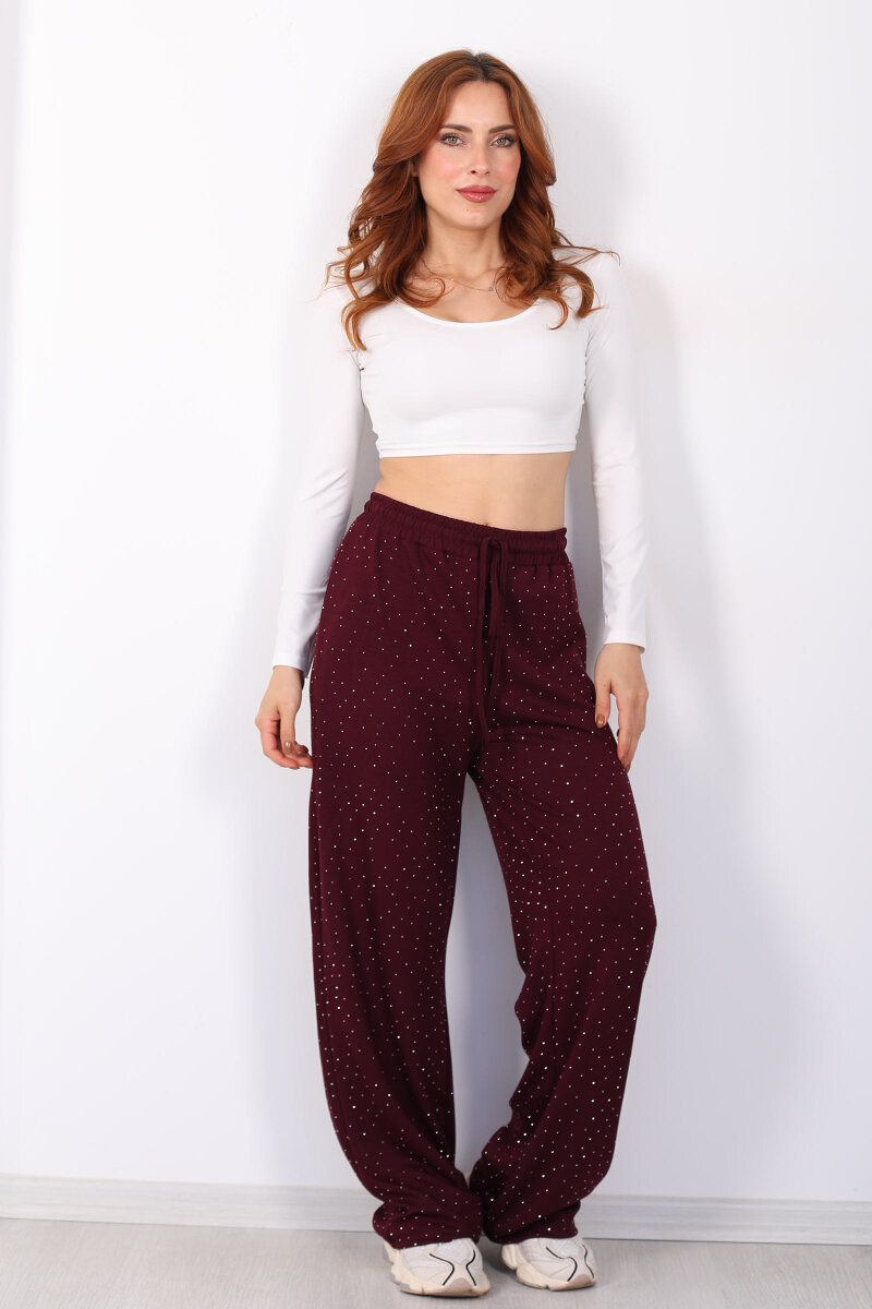Beli Lastikli Bordo Kadın Taşlı Pantolon - 3