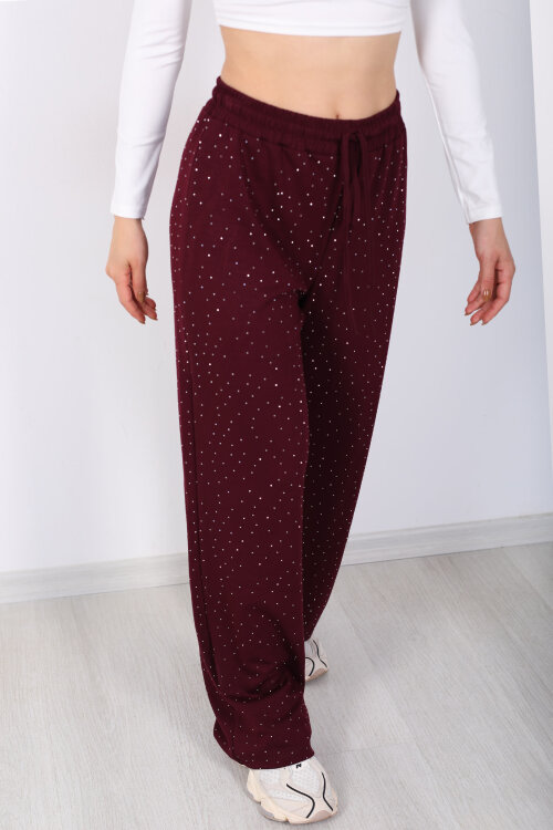 Beli Lastikli Bordo Kadın Taşlı Pantolon - Berox (1)