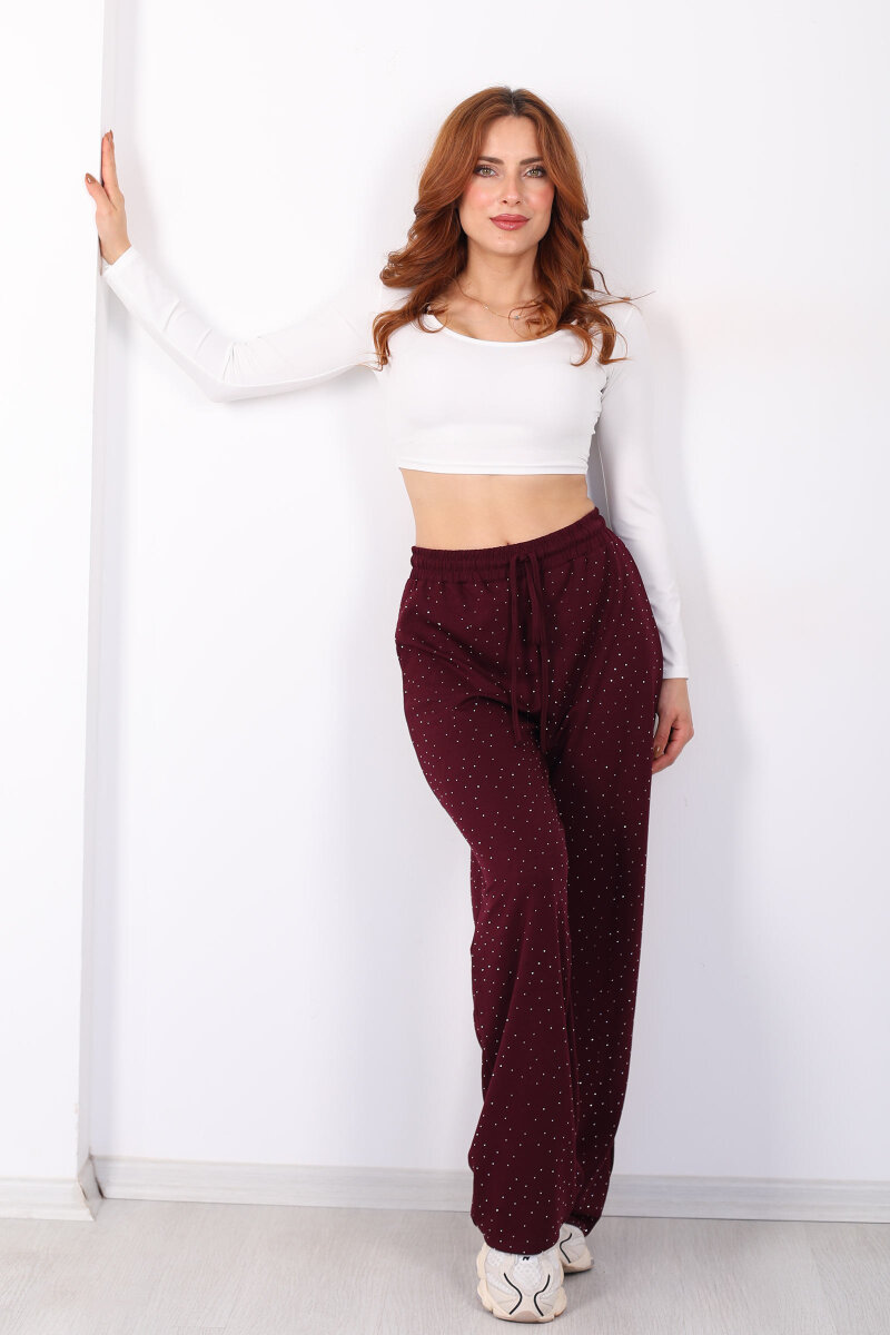 Beli Lastikli Bordo Kadın Taşlı Pantolon - 1