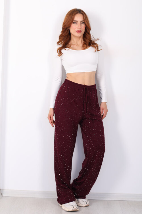 Beli Lastikli Bordo Kadın Taşlı Pantolon - 6
