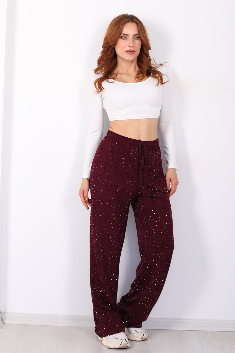 Beli Lastikli Bordo Kadın Taşlı Pantolon - 6