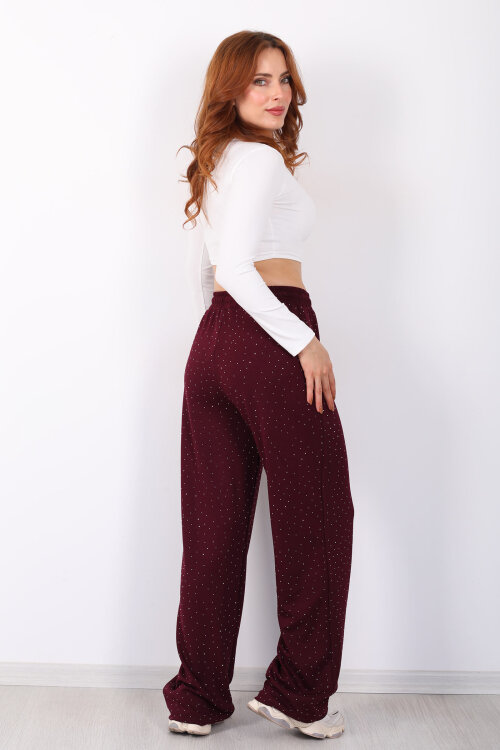 Beli Lastikli Bordo Kadın Taşlı Pantolon - 5