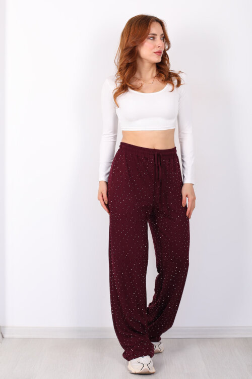 Beli Lastikli Bordo Kadın Taşlı Pantolon - 4