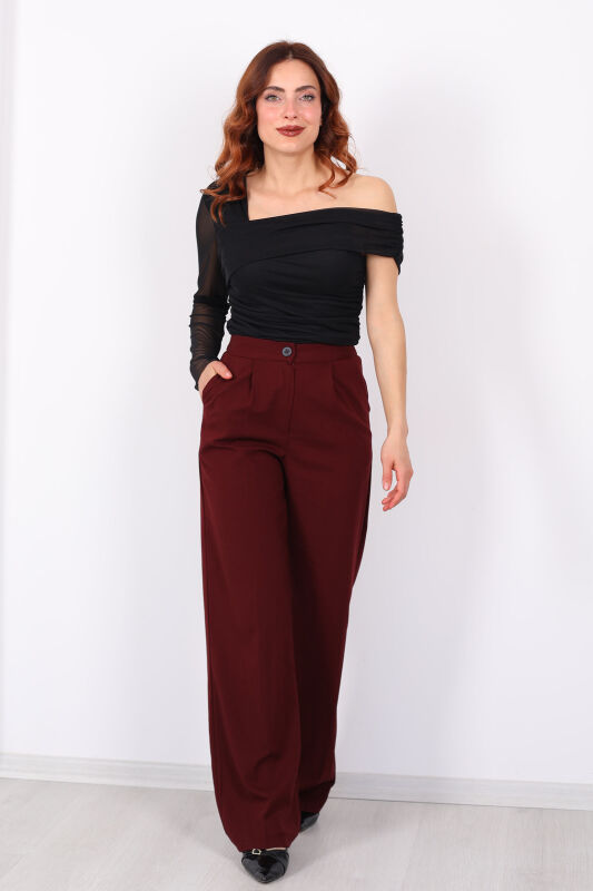Beli Lastikli Boru Paça Bordo Kadın Kumaş Pantolon - 3
